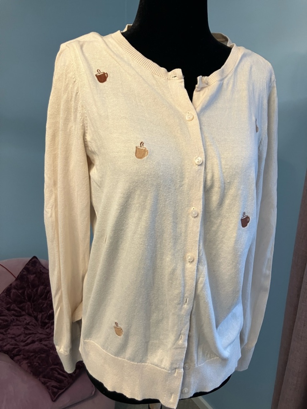 LOFT Cream Cardigan with coffee cups